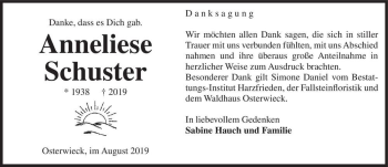 Traueranzeige von Anneliese Schuster  von Magdeburger Volksstimme