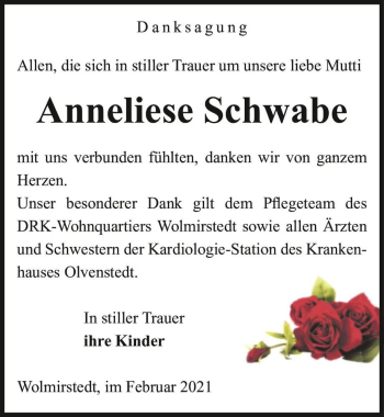 Traueranzeige von Anneliese Schwabe  von Magdeburger Volksstimme