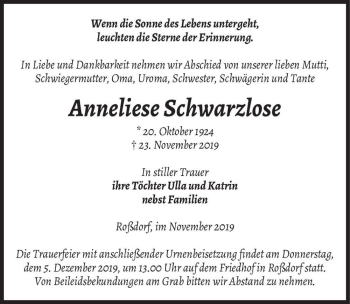 Traueranzeige von Anneliese Schwarzlose  von Magdeburger Volksstimme