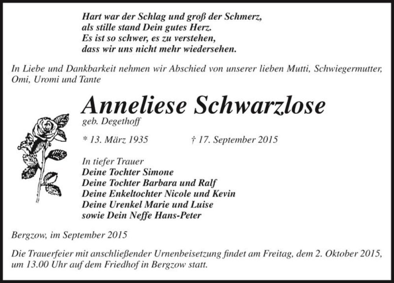  Traueranzeige für Anneliese Schwarzlose (geb. Degethoff)  vom 19.09.2015 aus Magdeburger Volksstimme