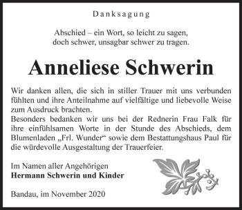Traueranzeige von Anneliese Schwerin  von Magdeburger Volksstimme
