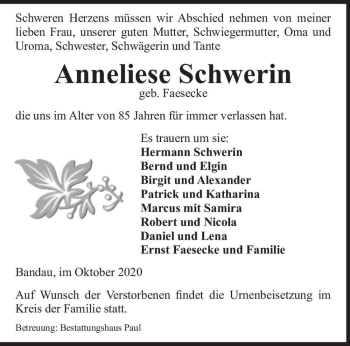 Traueranzeige von Anneliese Schwerin (geb. Faesecke)  von Magdeburger Volksstimme