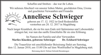 Traueranzeige von Anneliese Schwieger  von Magdeburger Volksstimme
