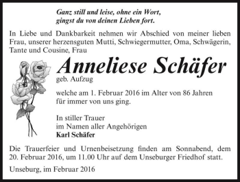 Traueranzeige von Anneliese Schäfer (geb. Aufzug)  von Magdeburger Volksstimme
