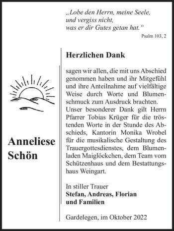 Traueranzeige von Anneliese Schön  von Magdeburger Volksstimme