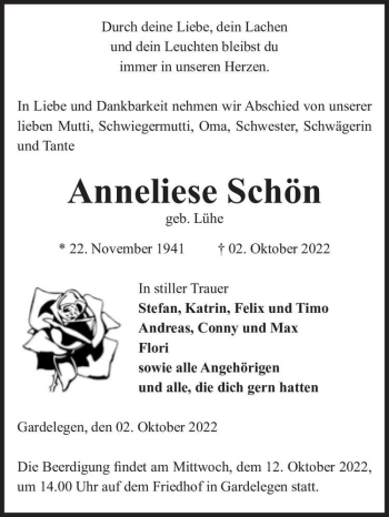 Traueranzeige von Anneliese Schön (geb. Lühe)  von Magdeburger Volksstimme