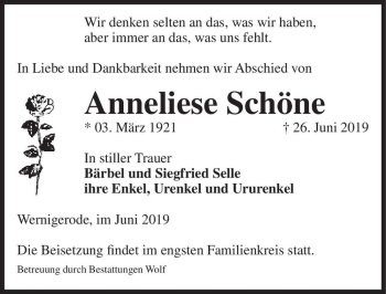 Traueranzeige von Anneliese Schöne  von Magdeburger Volksstimme