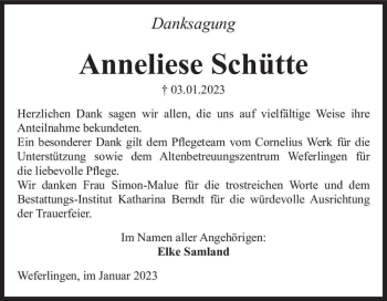 Traueranzeige von Anneliese Schütte  von Magdeburger Volksstimme