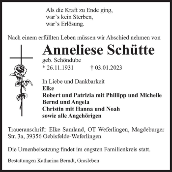 Traueranzeige von Anneliese Schütte (geb. Schöndube)  von Magdeburger Volksstimme