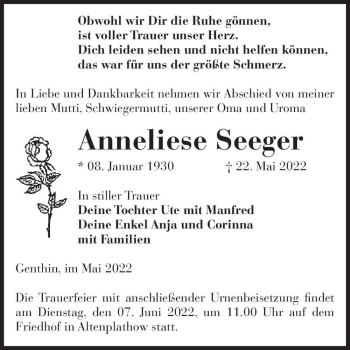 Traueranzeige von Anneliese Seeger  von Magdeburger Volksstimme