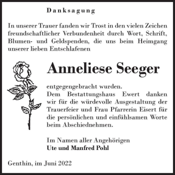 Traueranzeige von Anneliese Seeger  von Magdeburger Volksstimme