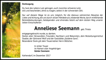 Traueranzeige von Anneliese Seemann (geb. Thiele)  von Magdeburger Volksstimme