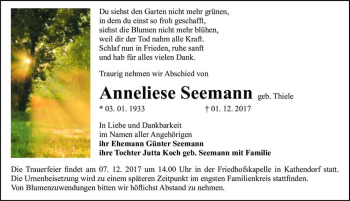 Traueranzeige von Anneliese Seemann (geb. Thiele)  von Magdeburger Volksstimme
