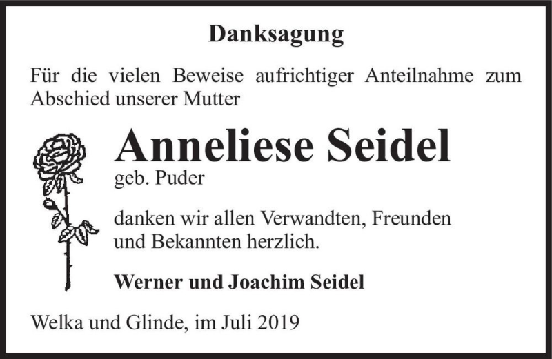  Traueranzeige für Anneliese Seidel (geb. Puder)  vom 13.07.2019 aus Magdeburger Volksstimme