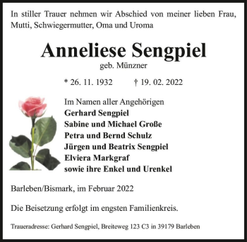 Traueranzeige von Anneliese Sengpiel (geb. Münzner)  von Magdeburger Volksstimme