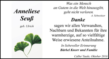 Traueranzeige von Anneliese Seuß (geb. Ulrich)  von Magdeburger Volksstimme