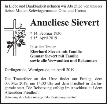 Traueranzeige von Anneliese Sievert  von Magdeburger Volksstimme