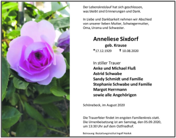 Traueranzeige von Anneliese Sixdorf (geb. Krause)  von Magdeburger Volksstimme