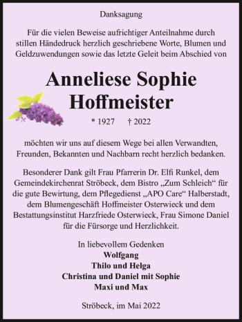 Traueranzeige von Anneliese Sophie Hoffmeister  von Magdeburger Volksstimme
