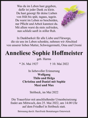 Traueranzeige von Anneliese Sophie Hoffmeister (geb. Harms)  von Magdeburger Volksstimme