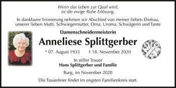 Traueranzeige von Anneliese Splittgerber  von Magdeburger Volksstimme