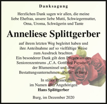 Traueranzeige von Anneliese Splittgerber  von Magdeburger Volksstimme