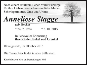 Traueranzeige von Anneliese Stagge (geb. Becker)  von Magdeburger Volksstimme