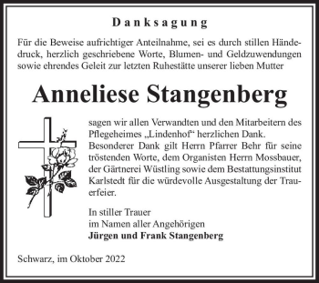 Traueranzeige von Anneliese Stangenberg  von Magdeburger Volksstimme
