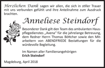Traueranzeige von Anneliese Steindorf  von Magdeburger Volksstimme