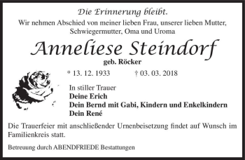Traueranzeige von Anneliese Steindorf (geb. Röcker)  von Magdeburger Volksstimme
