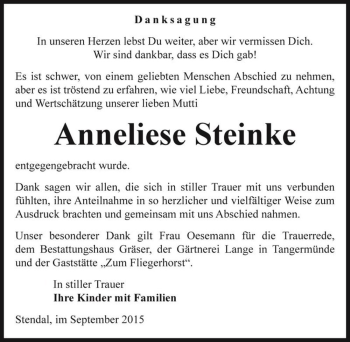 Traueranzeige von Anneliese Steinke  von Magdeburger Volksstimme
