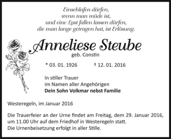 Traueranzeige von Anneliese Steube (geb. Constin)  von Magdeburger Volksstimme