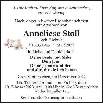 Traueranzeige von Anneliese Stoll (geb. Richter)  von Magdeburger Volksstimme