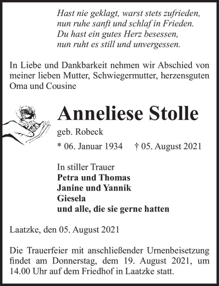  Traueranzeige für Anneliese Stolle (geb. Robeck)  vom 07.08.2021 aus Magdeburger Volksstimme