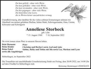 Traueranzeige von Anneliese Storbeck (geb. Löhr)  von Magdeburger Volksstimme