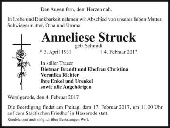 Traueranzeige von Anneliese Struck (geb. Schmidt)  von Magdeburger Volksstimme