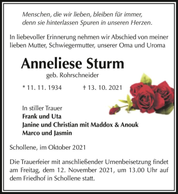 Traueranzeige von Anneliese Sturm (geb. Rohrschneider)  von Magdeburger Volksstimme