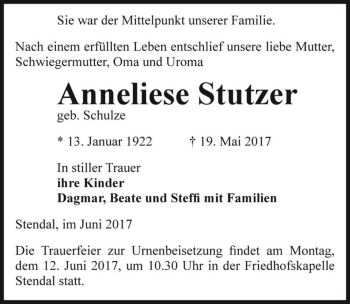 Traueranzeige von Anneliese Stutzer (geb. Schulze)  von Magdeburger Volksstimme