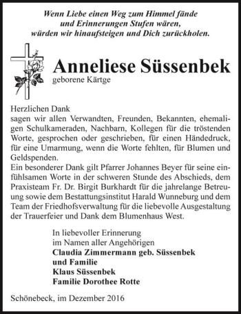 Traueranzeige von Anneliese Süssenbek (geb. Kärtge)  von Magdeburger Volksstimme