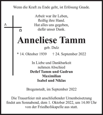 Traueranzeige von Anneliese Tamm (geb. Dulz)  von Magdeburger Volksstimme