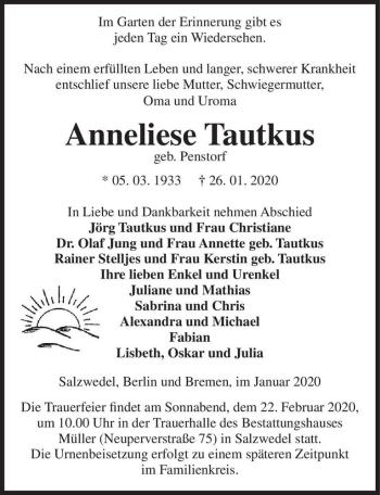 Traueranzeige von Anneliese Tautkus (geb. Penstorf)  von Magdeburger Volksstimme