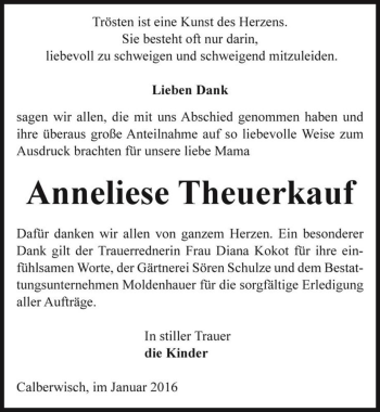 Traueranzeige von Anneliese Theuerkauf  von Magdeburger Volksstimme