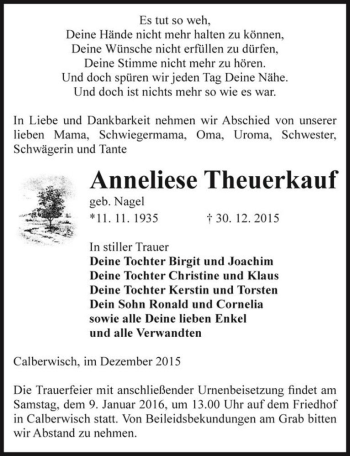 Traueranzeige von Anneliese Theuerkauf (geb. Nagel)  von Magdeburger Volksstimme