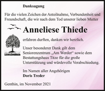 Traueranzeige von Anneliese Thiede  von Magdeburger Volksstimme