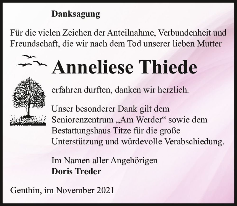  Traueranzeige für Anneliese Thiede  vom 20.11.2021 aus Magdeburger Volksstimme