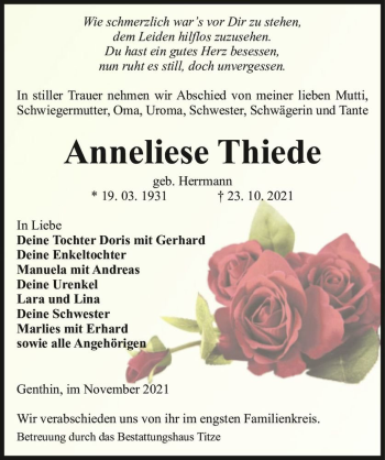 Traueranzeige von Anneliese Thiede (geb. Herrmann)  von Magdeburger Volksstimme