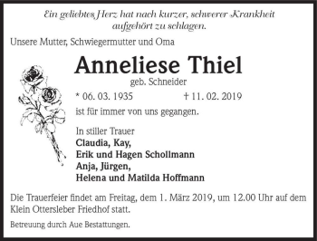 Traueranzeige von Anneliese Thiel (geb. Schneider)  von Magdeburger Volksstimme