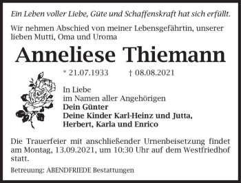 Traueranzeige von Anneliese Thiemann  von Magdeburger Volksstimme
