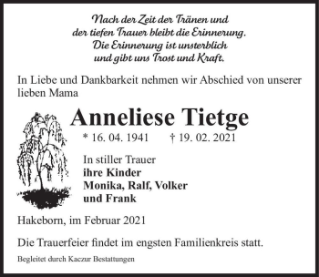 Traueranzeige von Anneliese Tietge  von Magdeburger Volksstimme