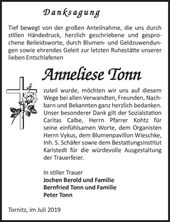 Traueranzeige von Anneliese Tonn  von Magdeburger Volksstimme